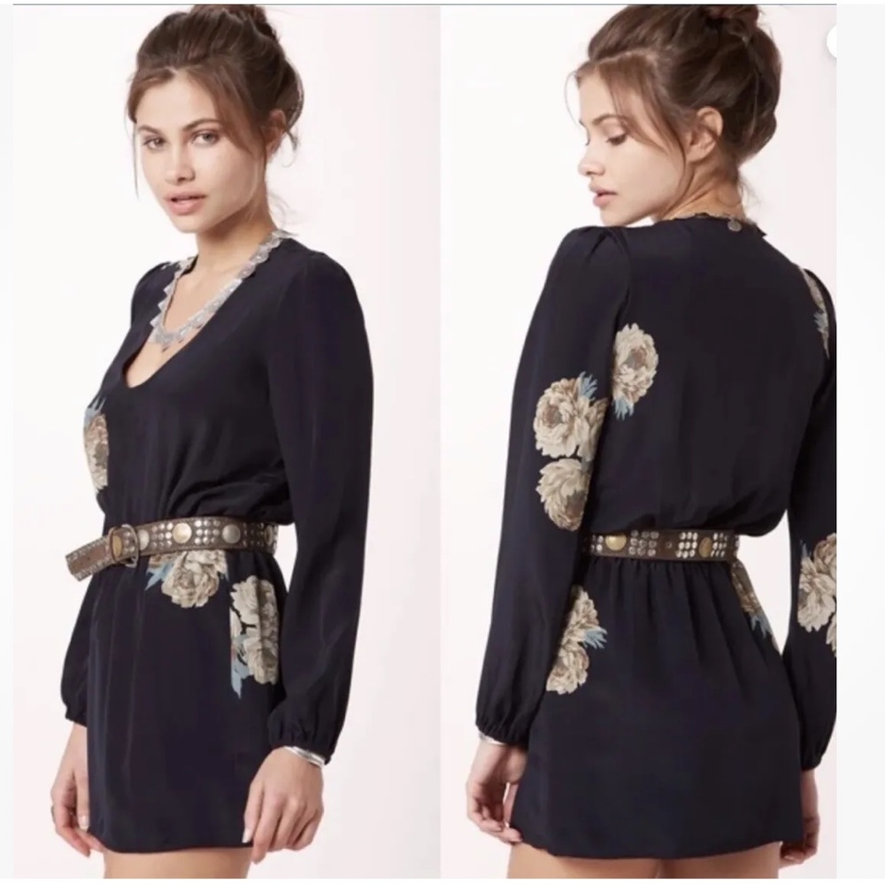 New Stone Cold Fox Outlaw Dress Silk Black Rose Floral Mini boho tunic 2 S $374